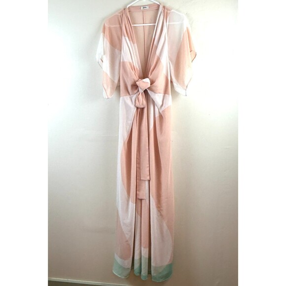 ISSA Maxi Dress Pink Plunge Neck Waist Tie Silk Gown US 8 Flowy Pastel Resort - Picture 1 of 16